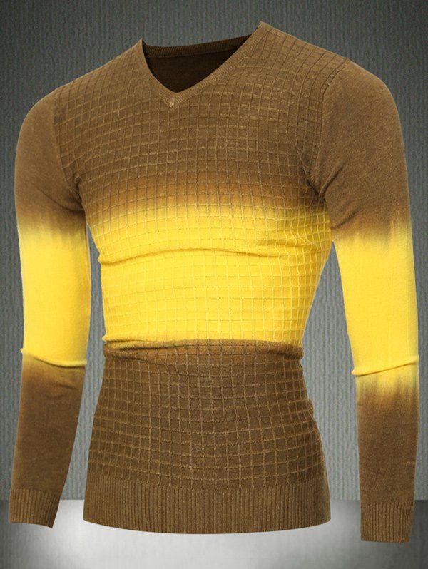 

Slim Fit V-Neck Plaid Pattern Sweater, Yellow