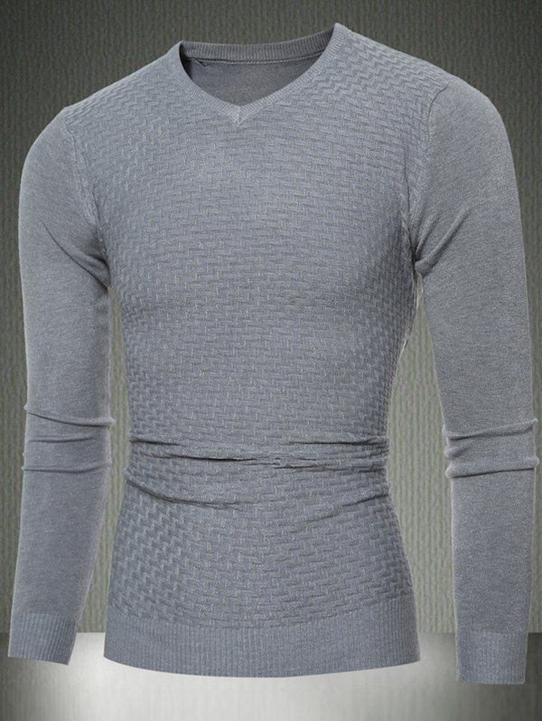 

Slim Fit V-Neck Sweater in Textured Knit, Light gray