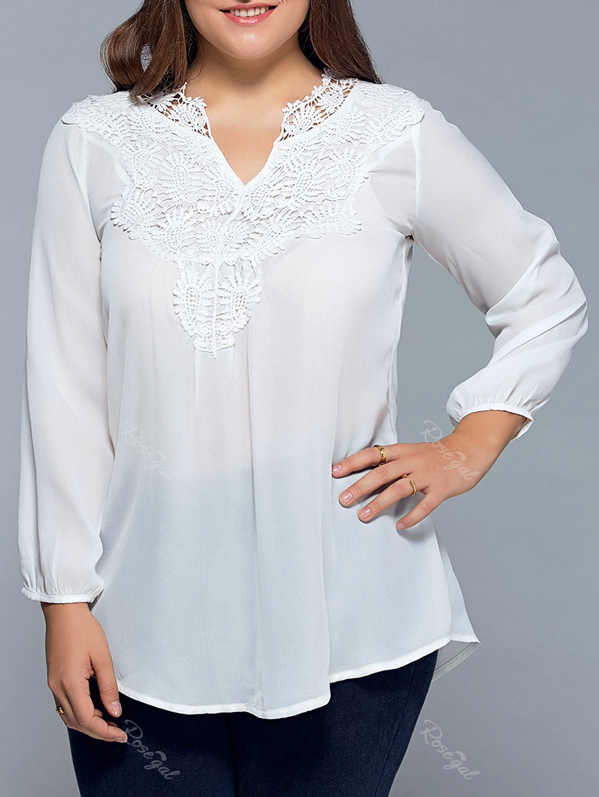 [33 Off] Plus Size Lace Insert Chiffon Blouse Rosegal