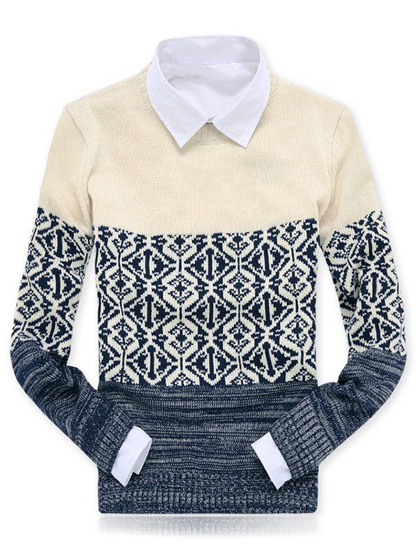 

Crew Neck Color Block Spliced Geometric Pattern Sweater, Apricot
