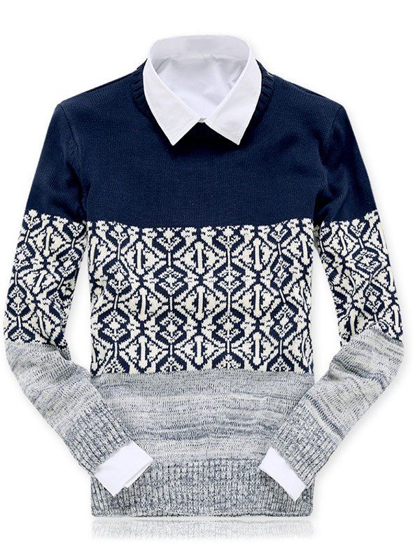 

Crew Neck Color Block Spliced Geometric Pattern Sweater, Blue