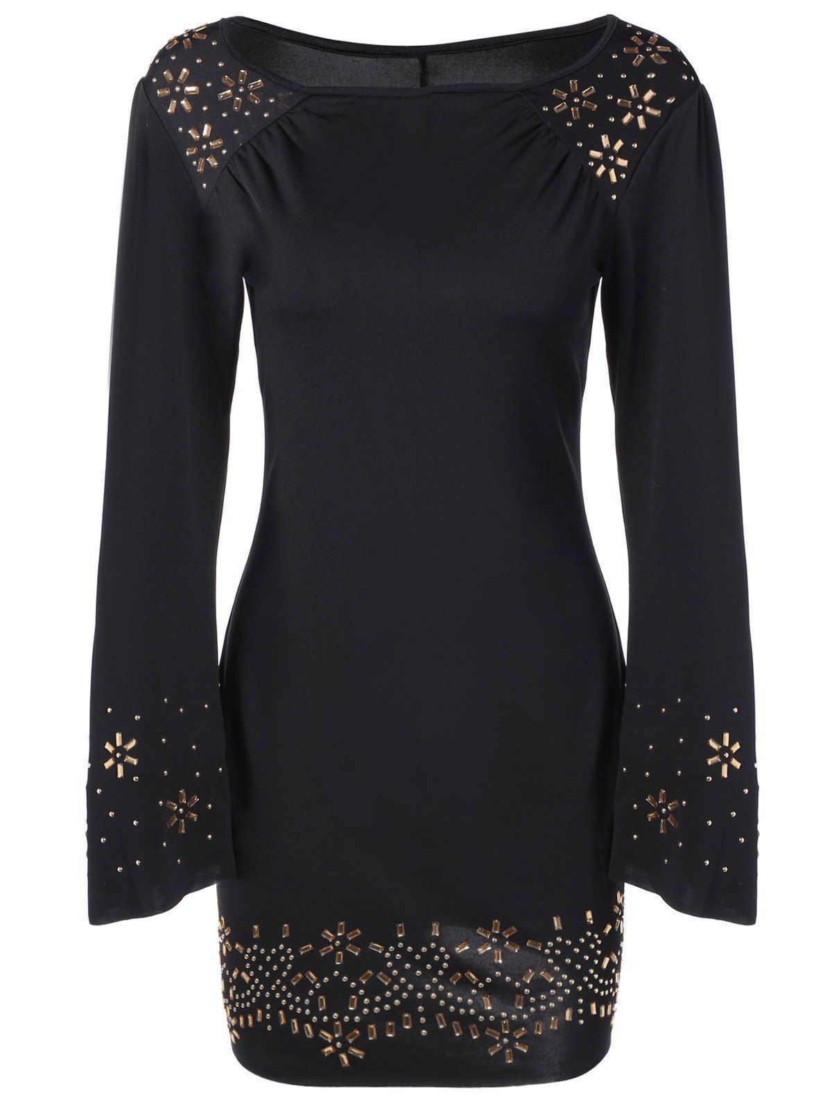 Black Xl Long Sleeve Mini Rhinestone Dress | RoseGal.com
