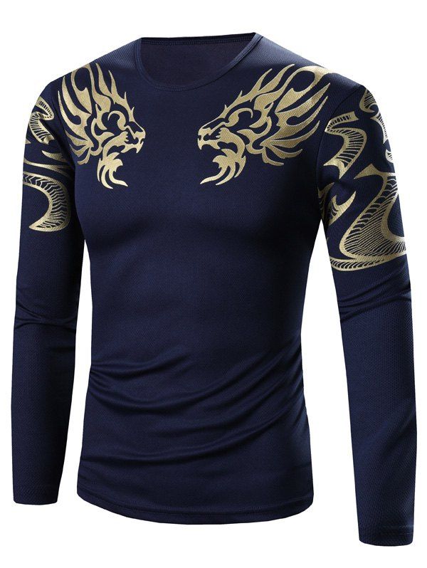 

Golden Totem Pattern Long Sleeve T-Shirt, Deep blue