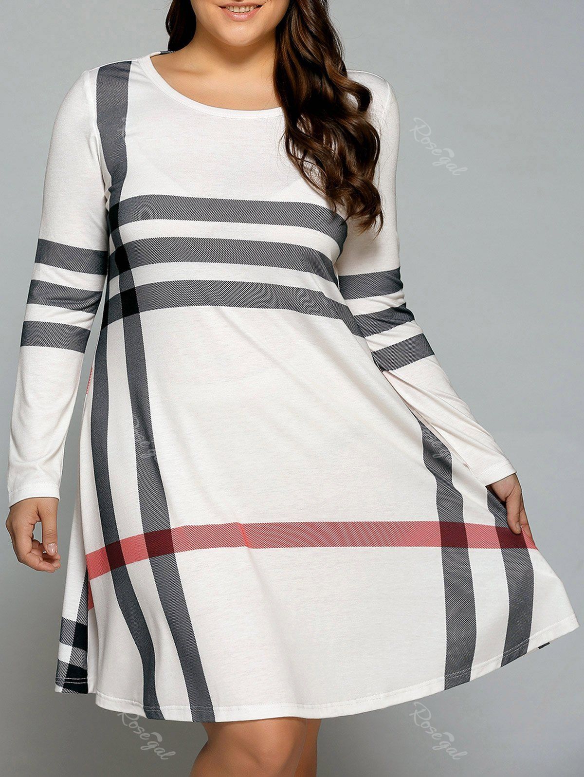 

Plus Size Long Sleeve Striped Tee Dress, Off-white