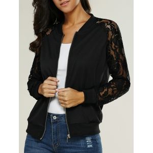 Lace Insert Bomber Zip Up Jacket