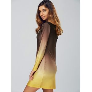 Coffee yellow S Ombre  Slimming Long  Sleeve  T shirt  Dress  