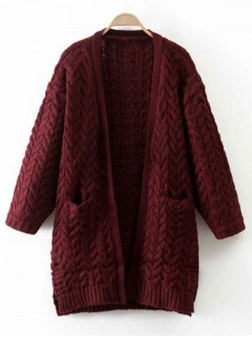 Cheap Cable Knit Thickening Cardigan WINE RED ONE SIZE