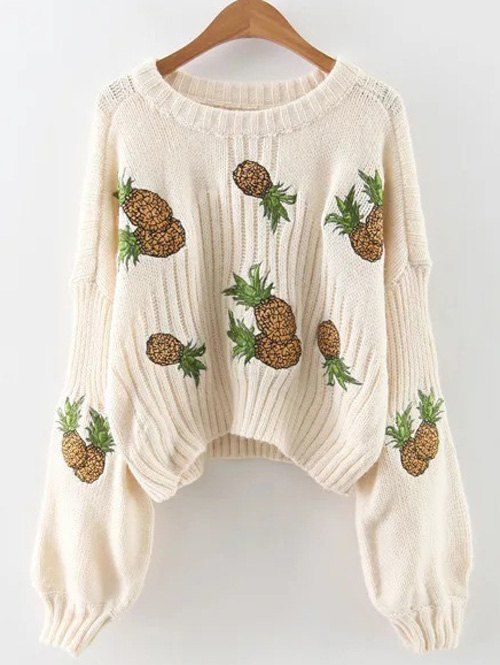Buy Lantern Sleeve Pineapple Embroidered Cropped Sweater  