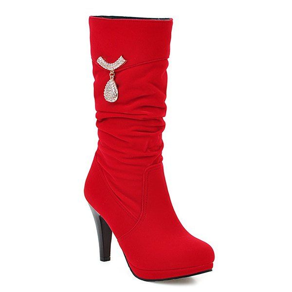 [36% OFF] Metal Rhinestones Mid Calf Boots | Rosegal