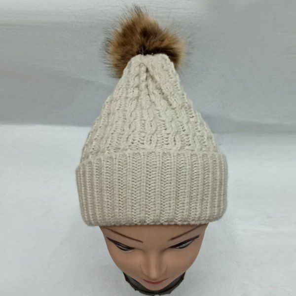 

Faux Fur Bobble Cable Knit Hat, Off-white