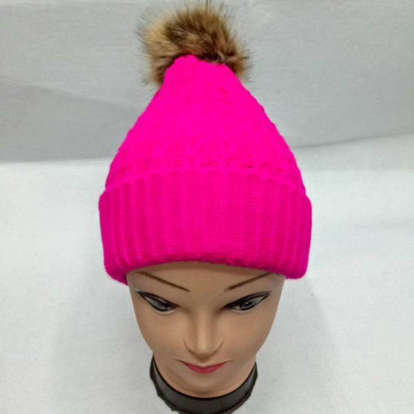 

Faux Fur Bobble Cable Knit Hat, Peach red