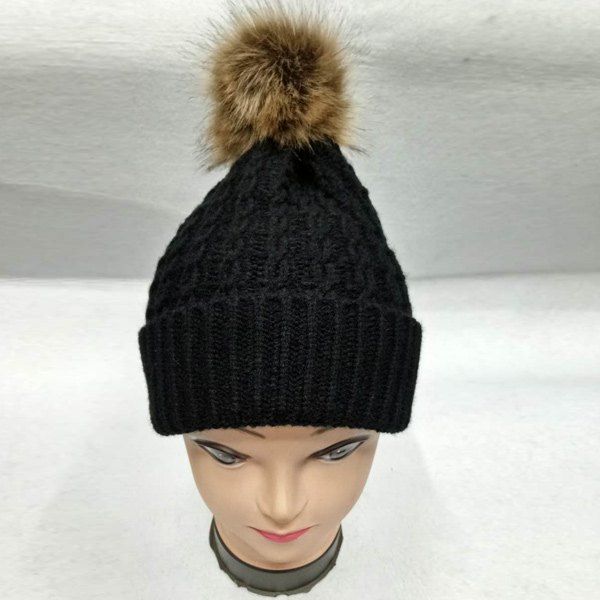 

Faux Fur Bobble Cable Knit Hat, Black