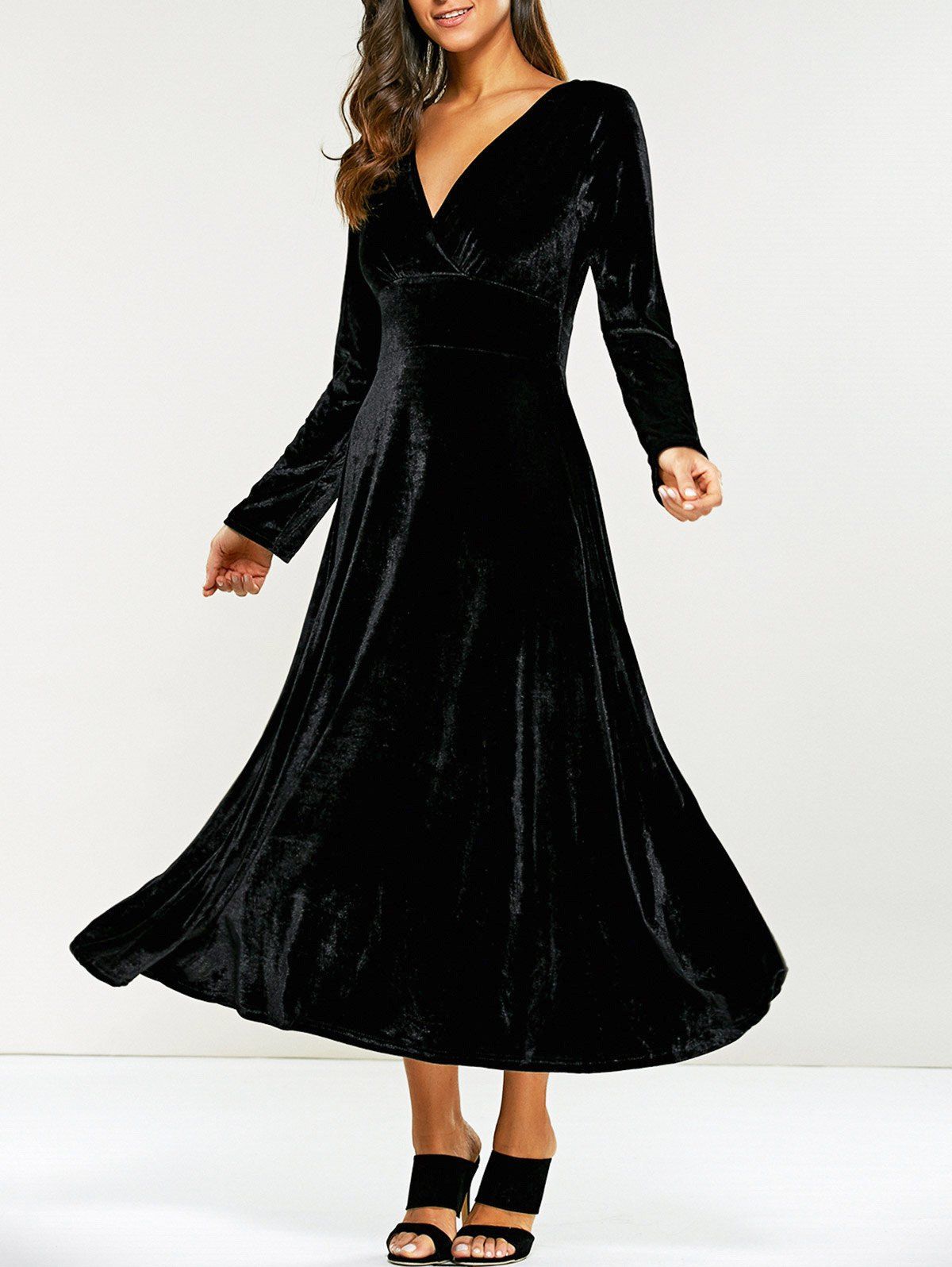 

Surplice Velvet Tea Length Long Sleeve Dress, Black