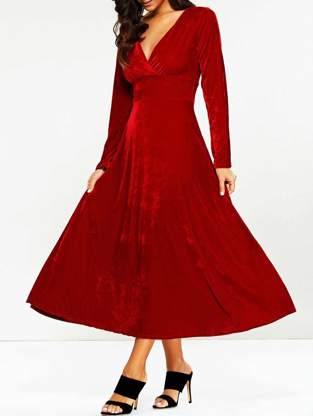 

Surplice Velvet Tea Length Long Sleeve Dress, Red