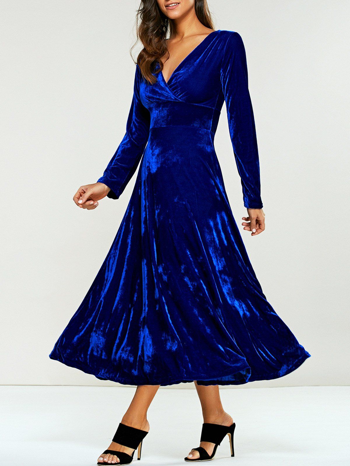 Surplice Velvet Tea Length Long Sleeve Dress, Blue