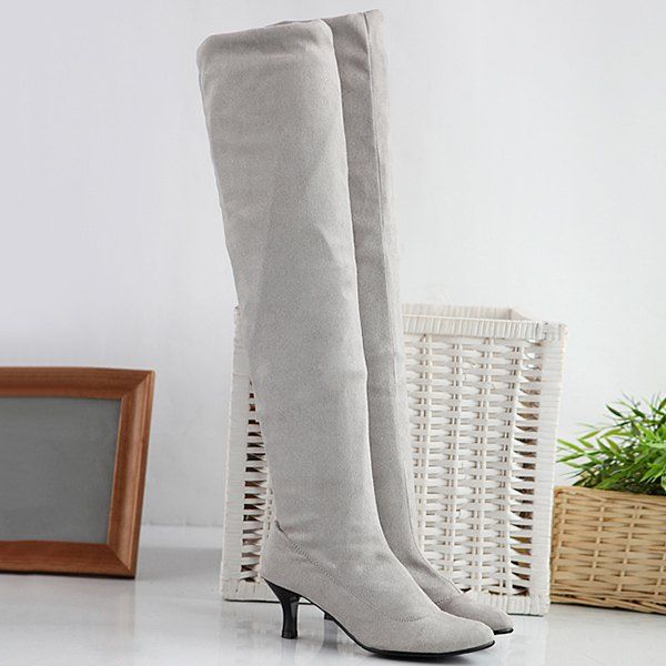 

Flock Kitten Heel Round Toe Thigh Boots, Light gray