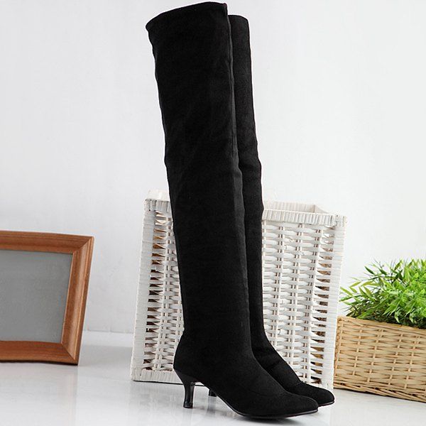 [49% OFF] Flock Kitten Heel Round Toe Thigh Boots | Rosegal