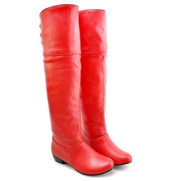 red flat knee high boots