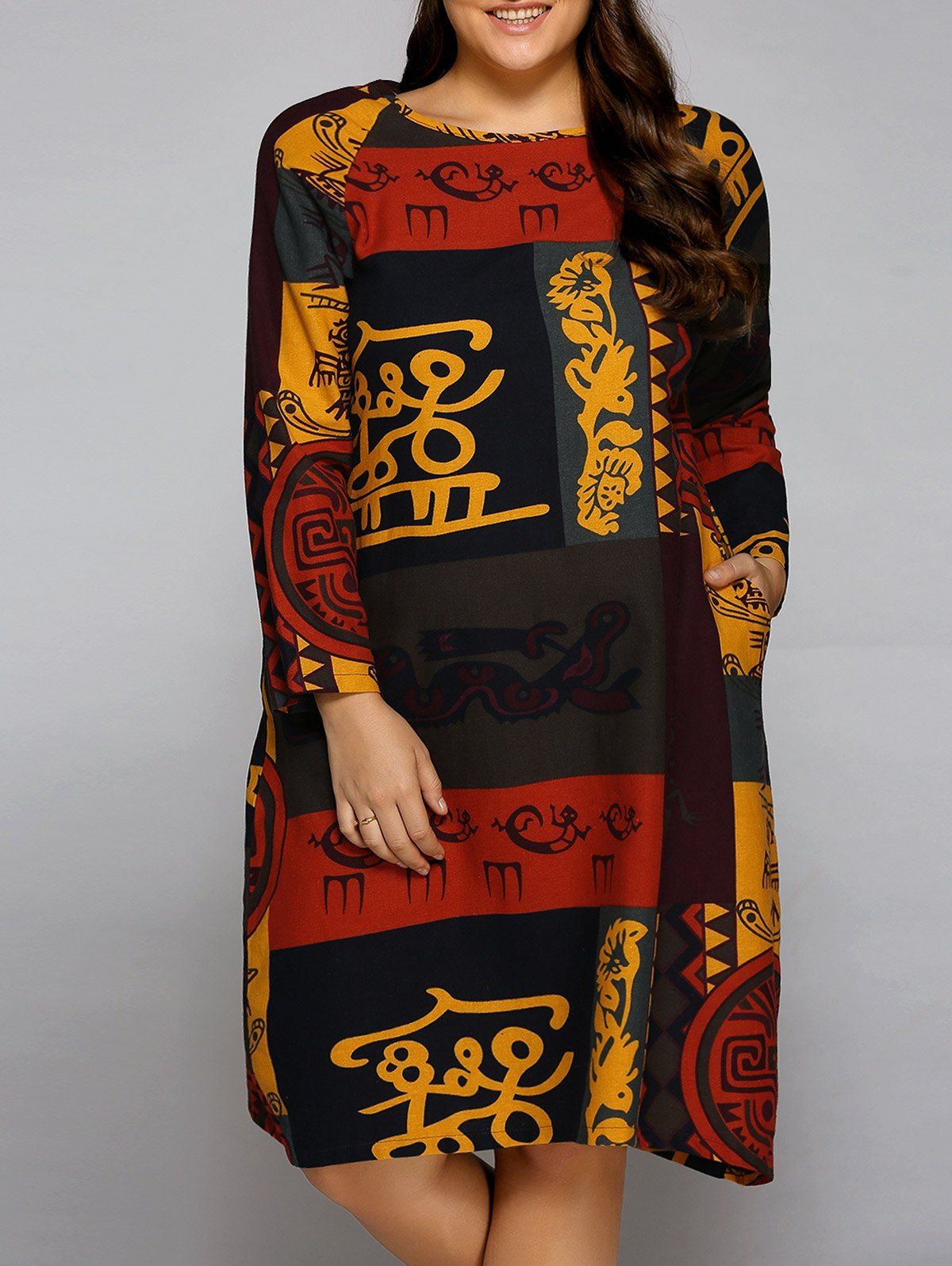 [56 OFF] Plus Size African Long Sleeve Shift Dress Rosegal