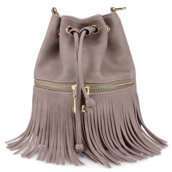 [26 OFF] Metallic Zip Fringe Crossbody Drawstring Bag Rosegal