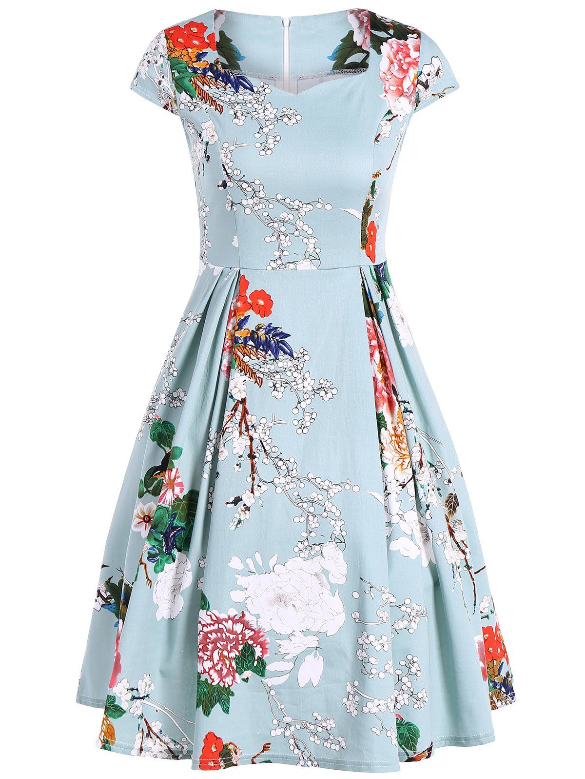

Vintage Swing Sweetheart Neck Floral Print Dress, Light green