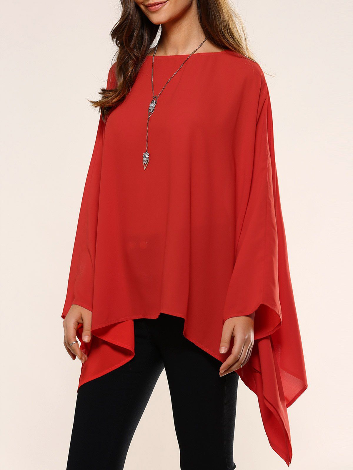 

Slash Neck Asymmetrical Smock Blouse, Red