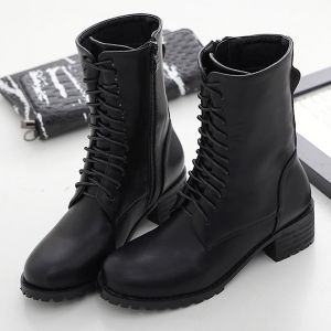 Black 38 Mid-calf Chunky Heel Lace-up Combat Boots | RoseGal.com