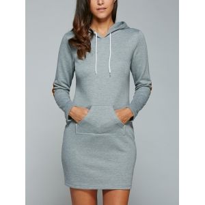 Blue Gray Xl Kangaroo Pocket Hoodie Dress With Elbow Patch | RoseGal.com