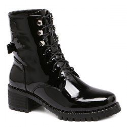 Black 39 Chunky Heel Patent Leather Combat Boots | RoseGal.com
