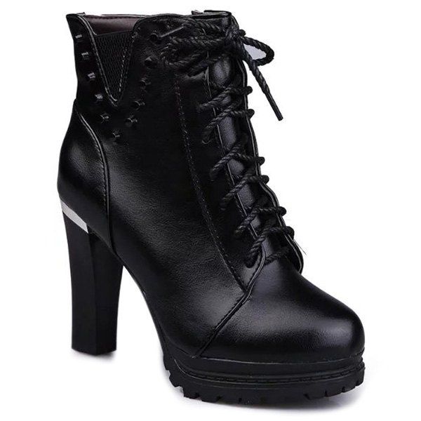 new look chunky heeled lace up boot in black