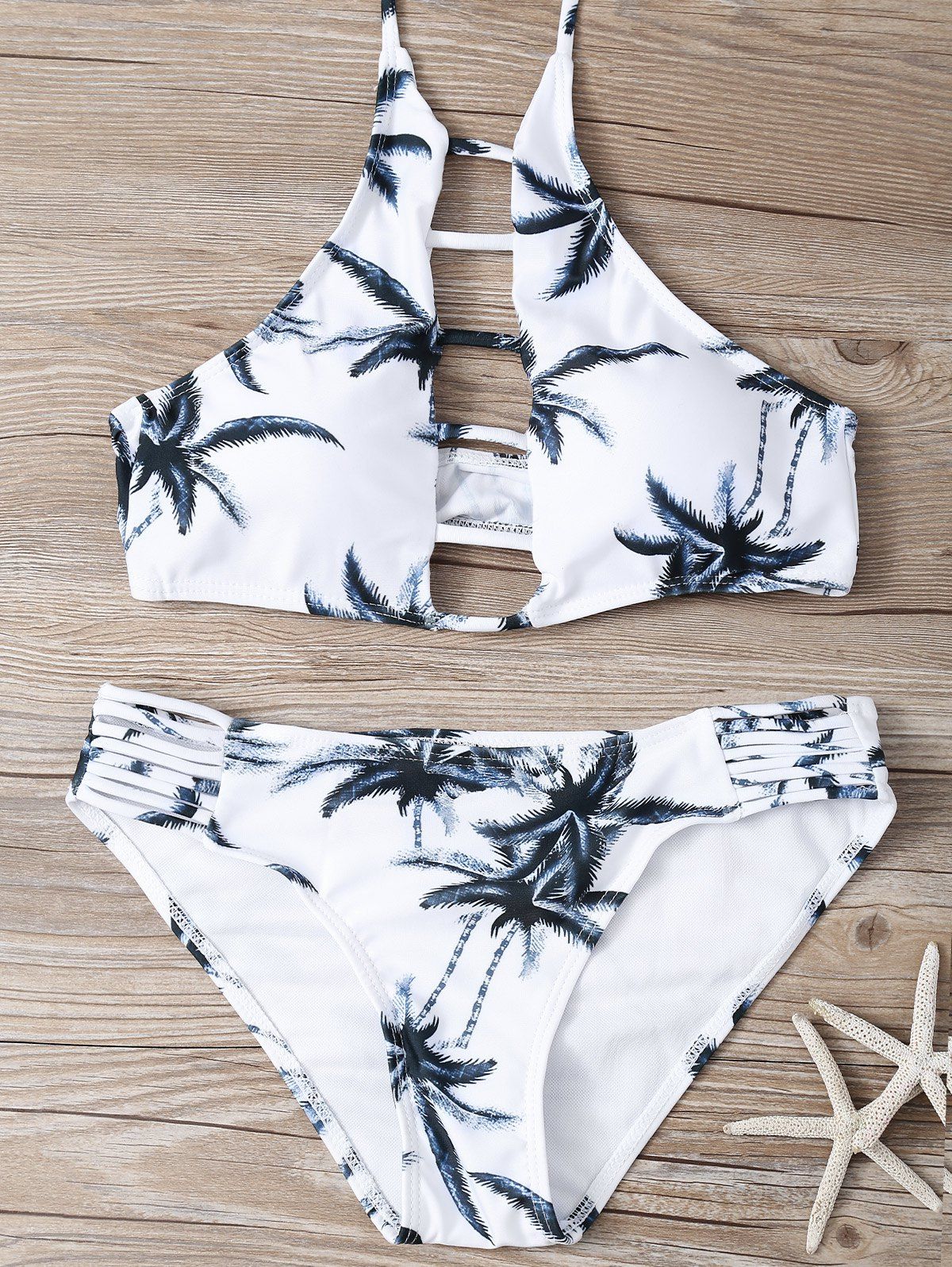 [36% OFF] Hollow Out Strappy Tropical Bikini | Rosegal