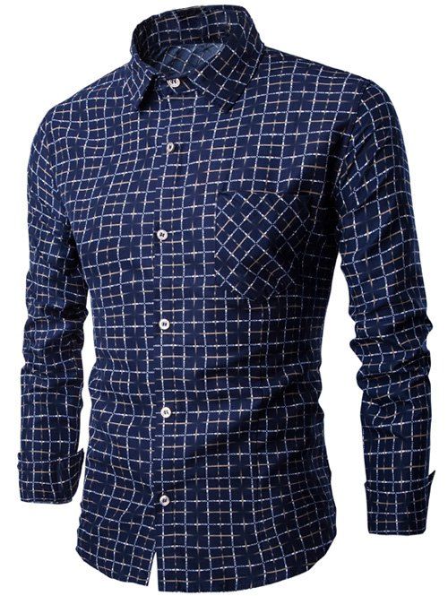 

Long Sleeve Pocket Design Plaid Shirt, Cadetblue