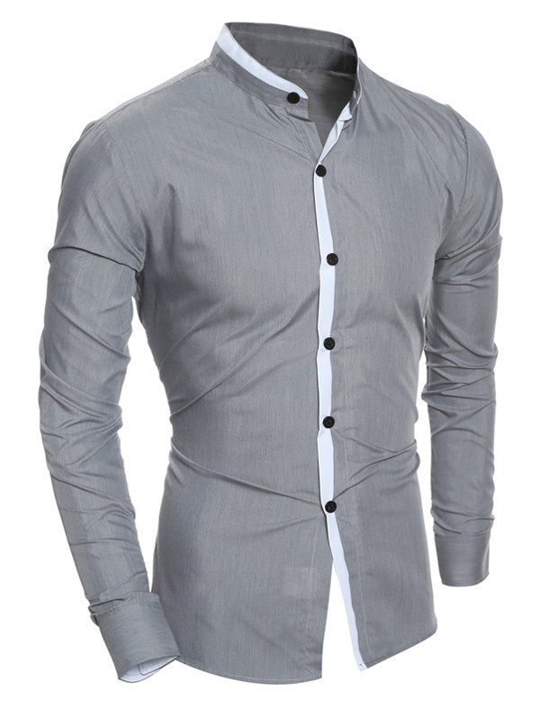 

Color Block Edging Long Sleeve Grandad Chinese Collar Shirt, Gray