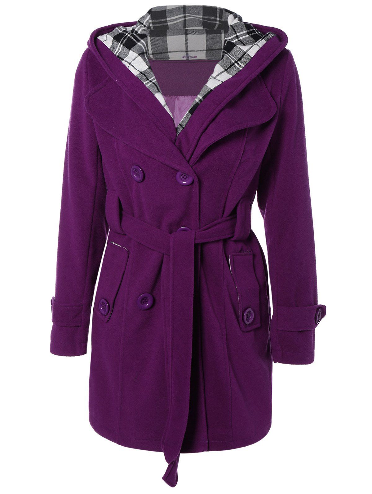 

Hooded Belted Wool Blend Coat, Purple