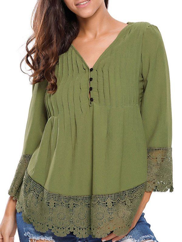 Lacework Splicing Single-Breasted Blouse, Army green
