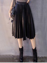 Midi Pleated PU Leather Skirt -  