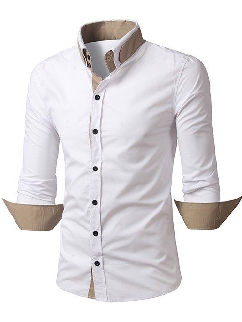 

Convertible Collar Long Sleeve Back Pleat Shirt, White