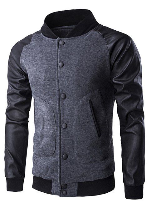 

Button Up PU Leather Insert Raglan Sleeve Jacket, Deep gray