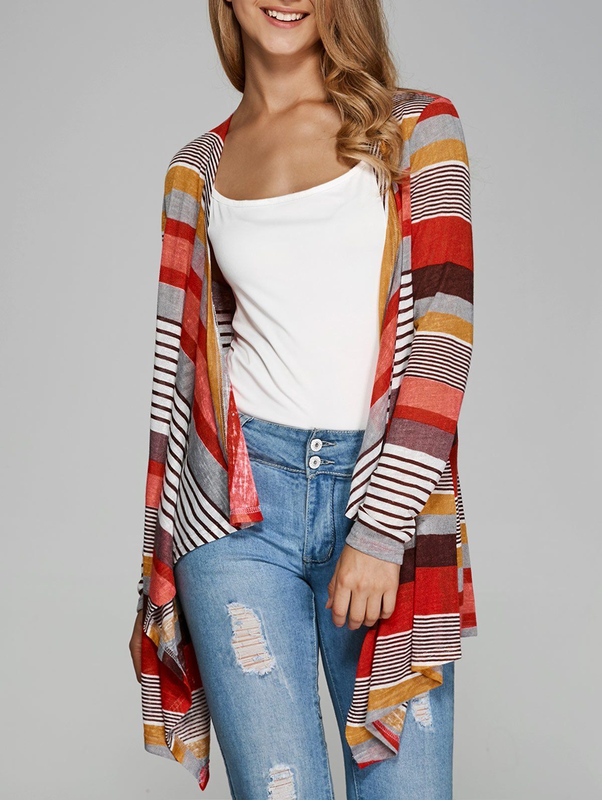 Colormix M Colorful Striped Asymmetrical Cardigan | RoseGal.com