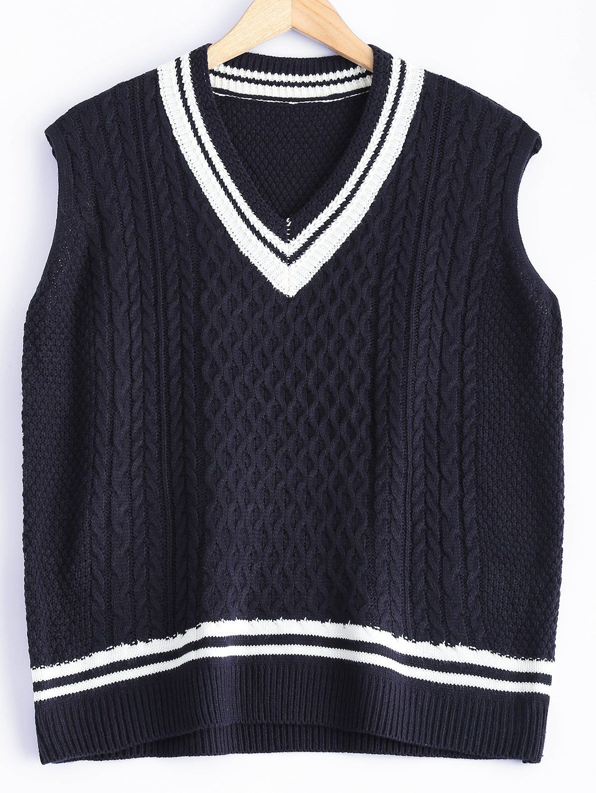 

V-Neck Cable-Knit Striped Knitwear, Cadetblue