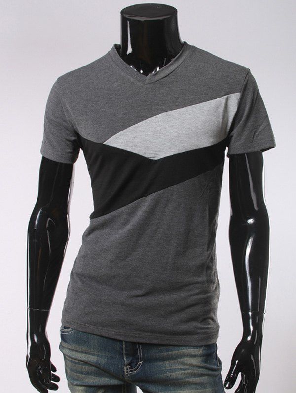 

V Neck Short Sleeve Color Block T-Shirt, Deep gray