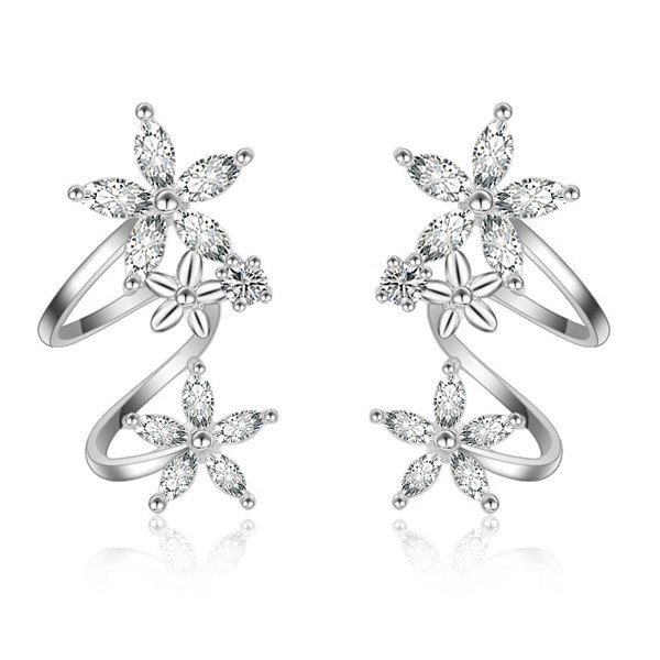 

Polished Rhinestone Flowers Earrings, Silver white