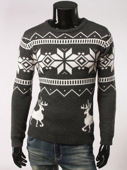 

Fawn and Snow Pattern Round Collar Christmas Sweater, Deep gray