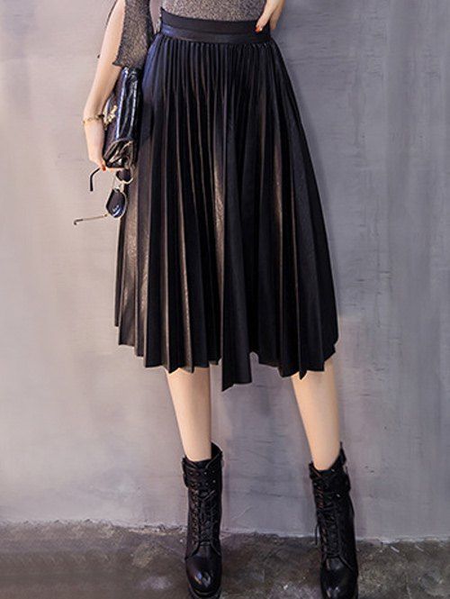 Store Midi Pleated PU Leather Skirt  