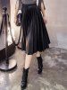 Midi Pleated PU Leather Skirt -  