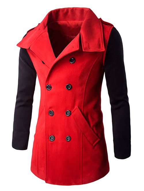 

Turn-Down Collar Color Block Pea Coat, Red