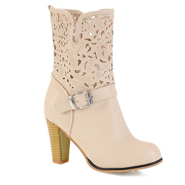 

Buckle Engraving PU Leather Boots, Apricot