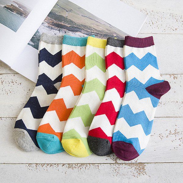 

One Set Wave Pattern Casual Jacquard Socks, Colormix
