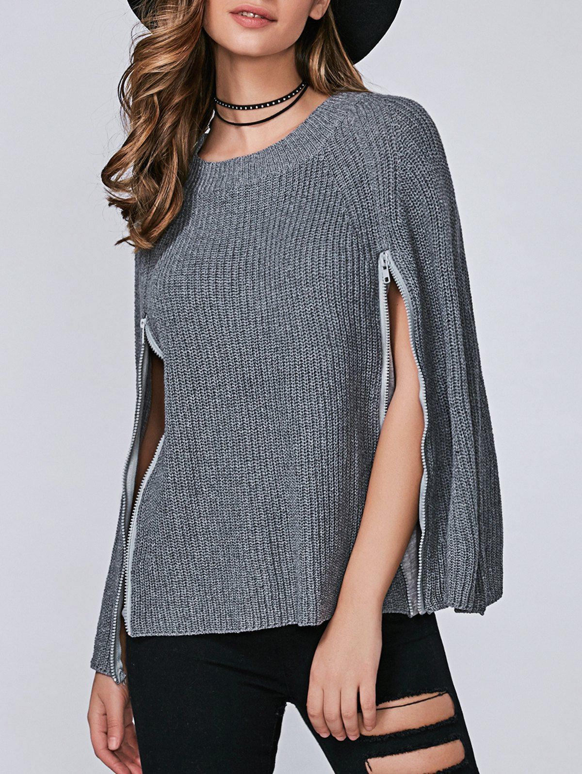 [60% OFF] Zipper Pullover Cape Sweater | Rosegal