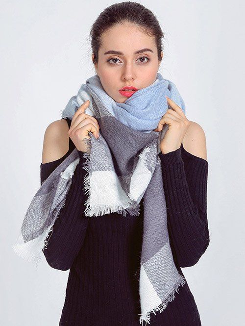 

Autumn Plaid Pattern Fringed Edge Wrap Scarf, Light blue